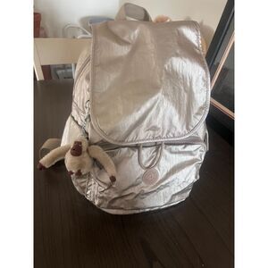 Kipling Silver Metallic Mini Backpack Bag Purse with Furry Monkey Keychain